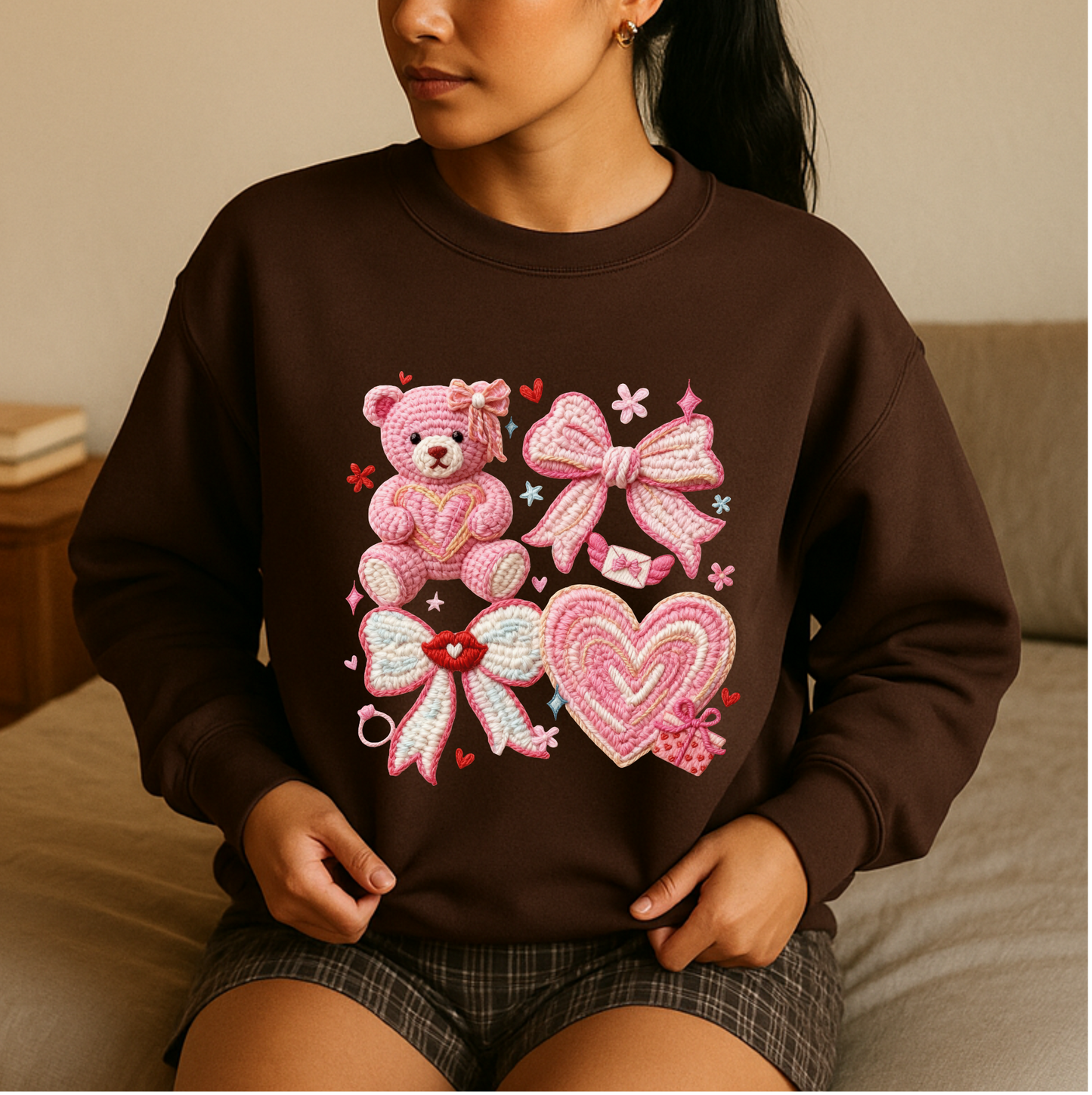 Faux Yarn Valentine's Coquette Bow Hear Sweatshirt