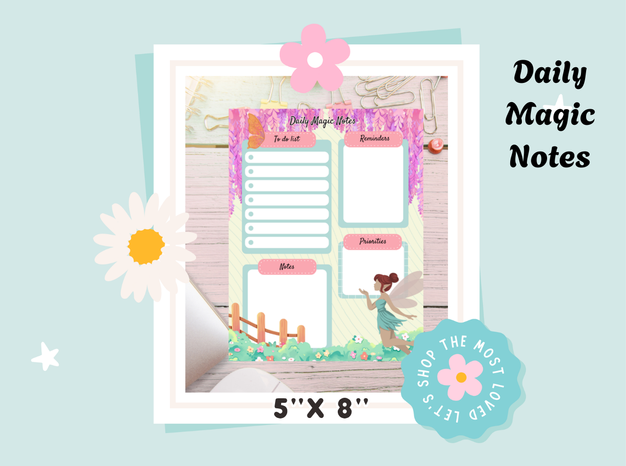 Daily Magic Notes planner with a fairy design on a light blue background