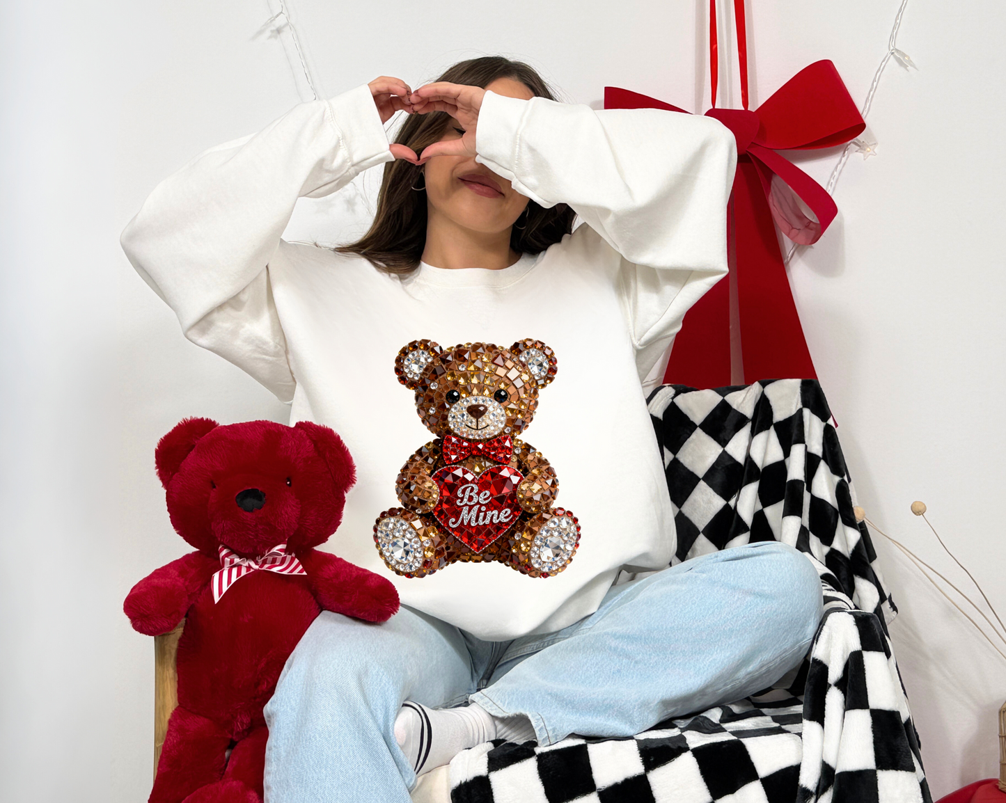 Faux Rhinestone Be Mine Teddy Bear Valentine Sweatshirt