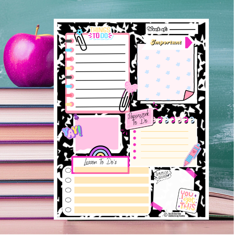 Set of stationery items including a pink apple, colorful books, and a notepad with various designs on a white background.