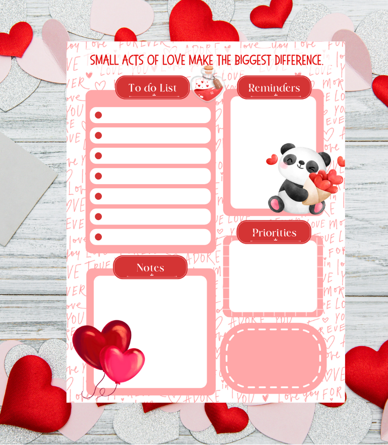 Notebook with heart designs and a panda illustration on a white background