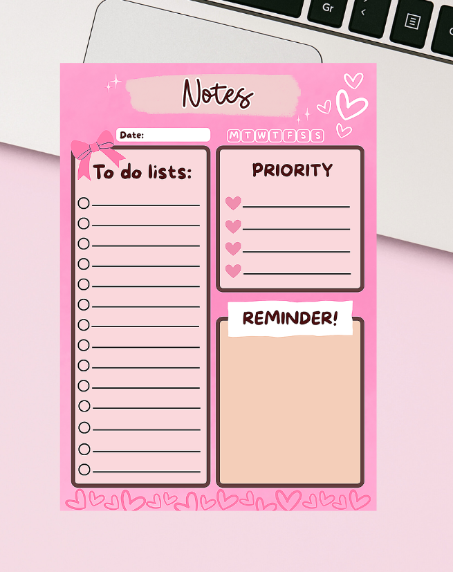 Pink notepad with various lists on a white background