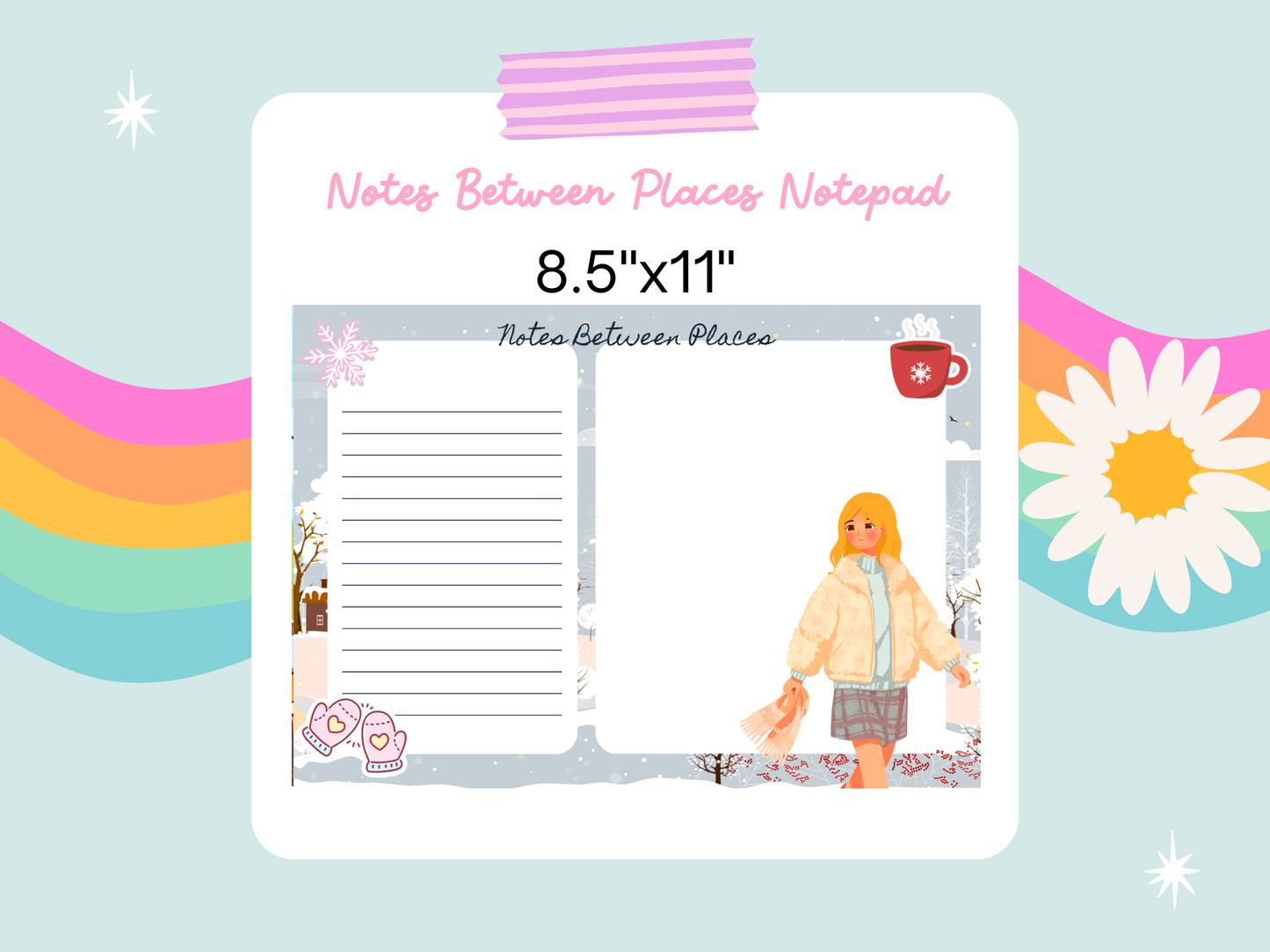Notepad with a design of a girl and a flower, labeled 'Notes Between Places Notepad' on a colorful background.