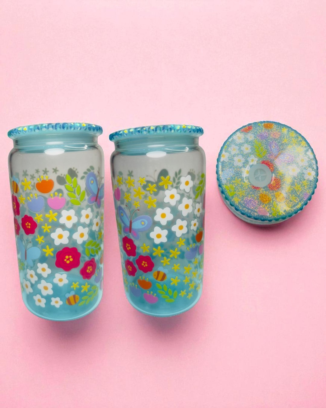 Spring Flowers 16oz Light Blue Gradient Glass Cup