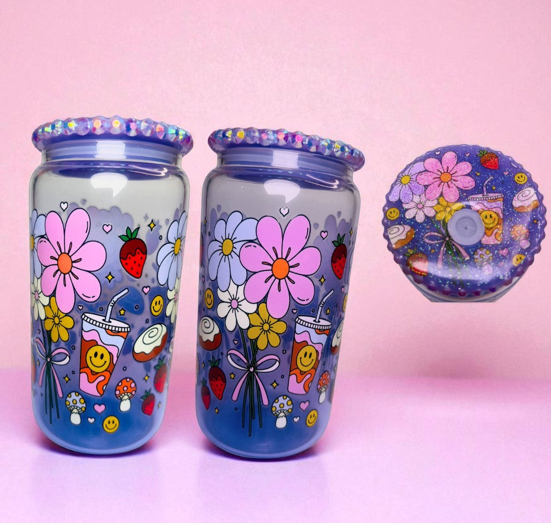 Coffee Cinnabon & Flowers Purple Gradient 16oz Glass Cup