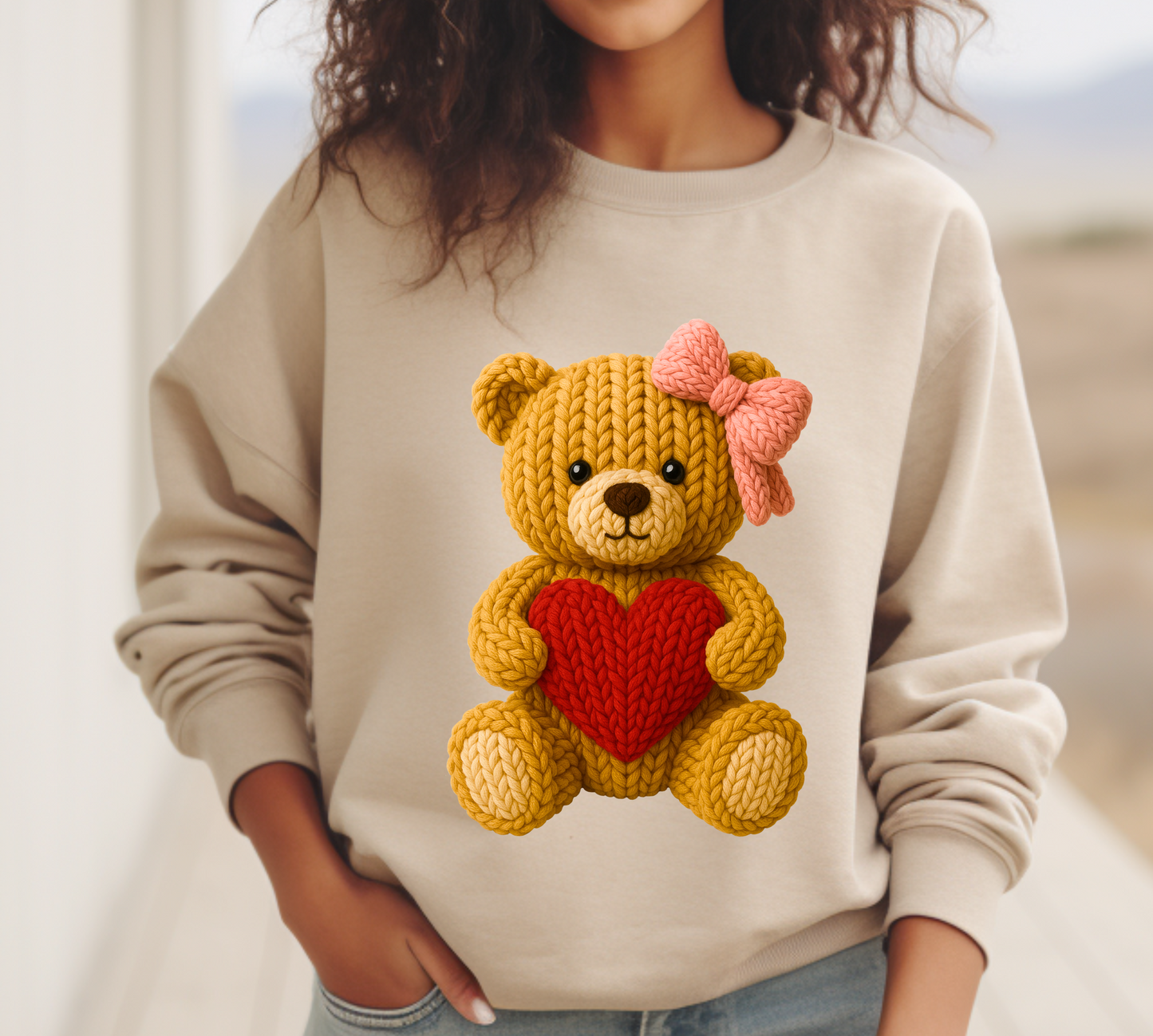Faux Yarn Valentine's Day Teddy Bear Sweatshirt.
