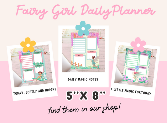 Fairy Girl Daily Planner with three sample pages on a pink background