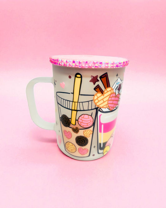 Cafecito Y Chisme 17oz Glass Mug/Rhinestone Lid