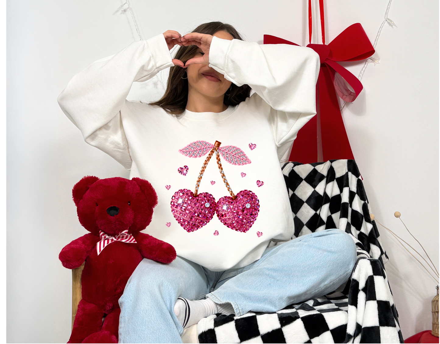 Faux Rhinestone Cherry Hearts Sweatshirt