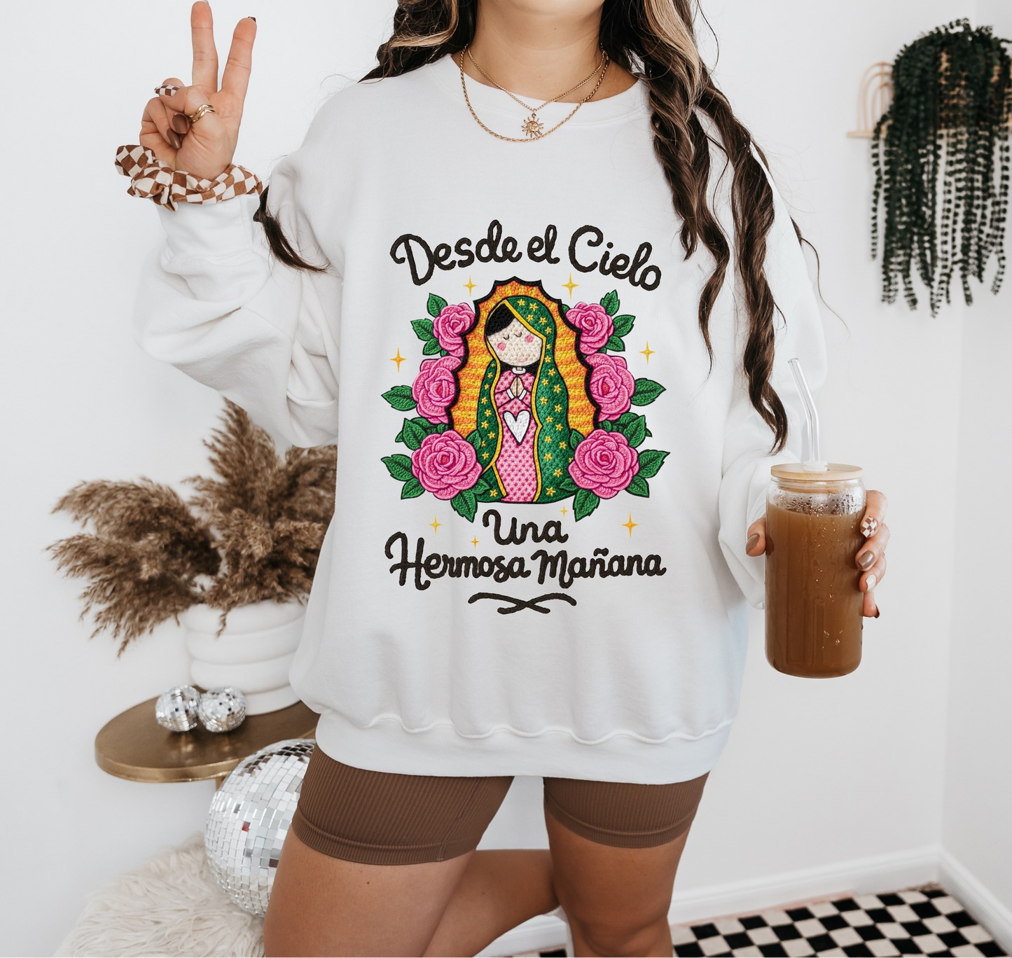 Faux Yarn Crochet Virgen De La Guadalupe Sweatshirt.