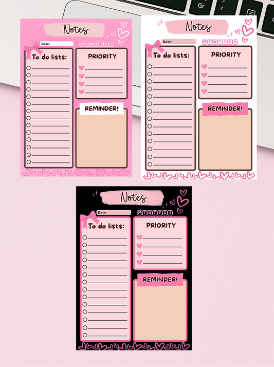 Pack of pink sticky notes with various labels on a white background