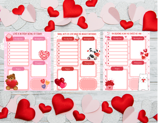 Valentine's Day-themed planner stickers with hearts and cute illustrations on a wooden surface.