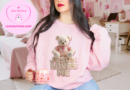 Jesus Loves Me Teddy Bear Faux Yarn Crochet Embroider Sweatshirt