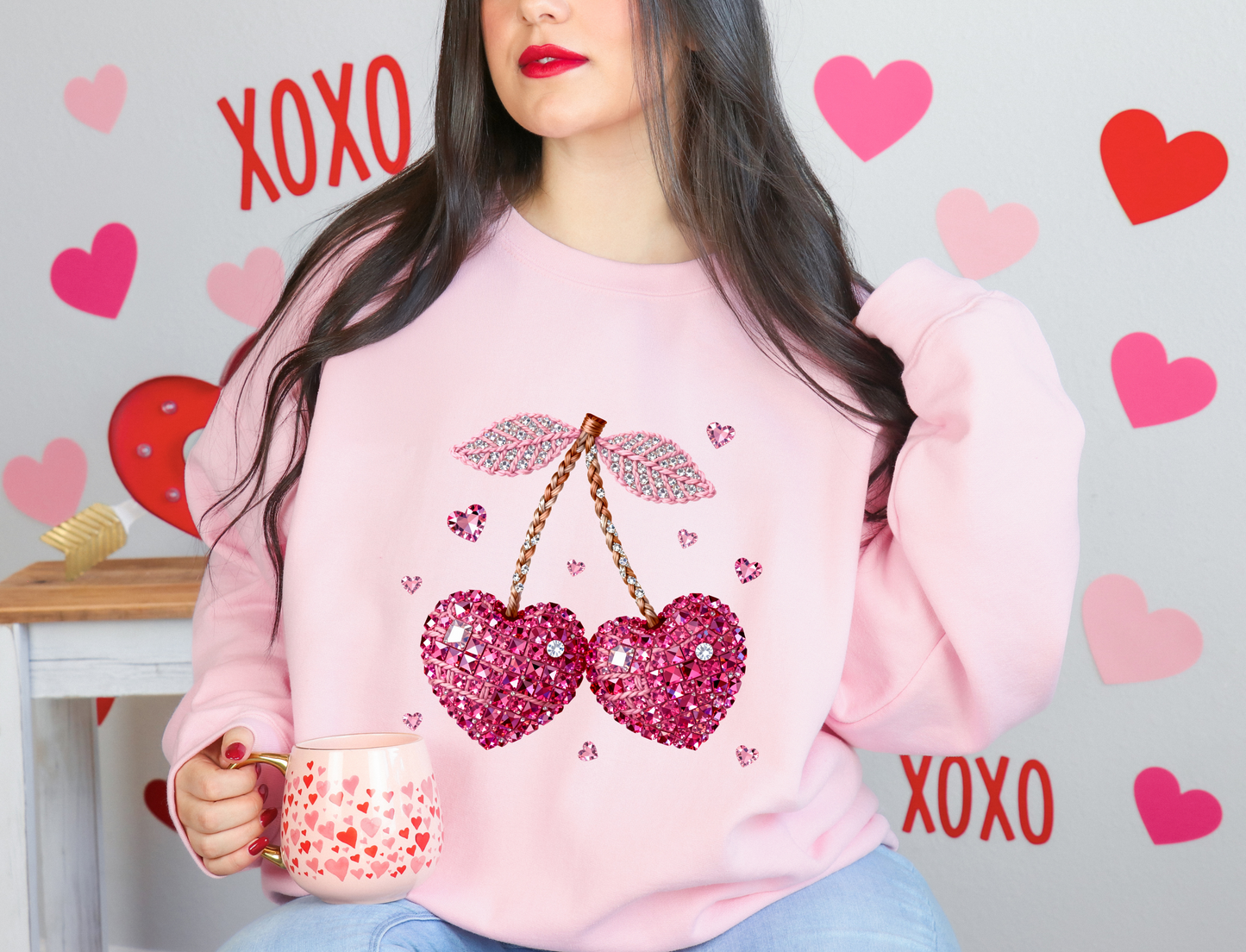 Faux Rhinestone Cherry Hearts Sweatshirt