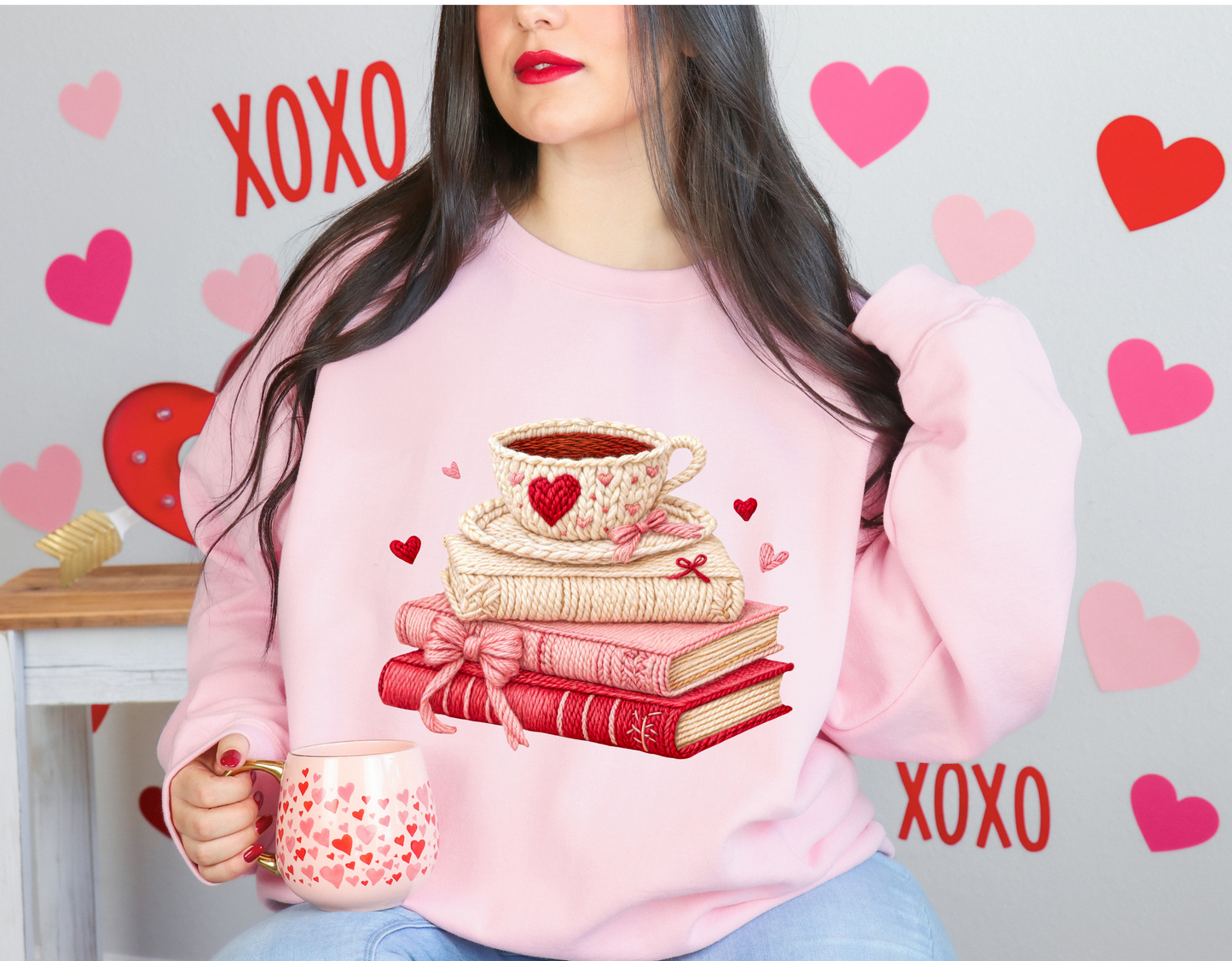 Faux Yarn Valentine Books and Coffee Sweatshirt