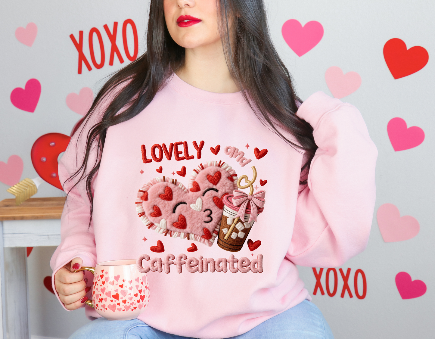 Faux Yarn Lovely & Caffeinated Valentine Sweatshirt