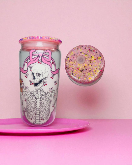 Coquette Skeleton 16 oz Pink Gradient Glass Cup