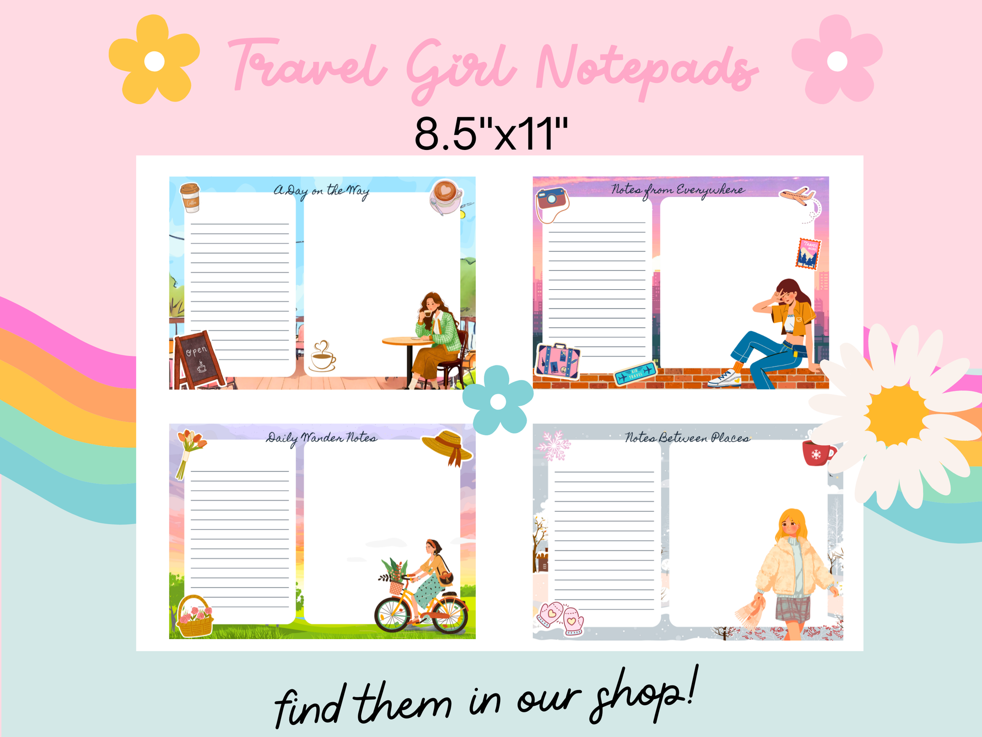 Travel Girl Notepads with colorful designs and text on a light blue background
