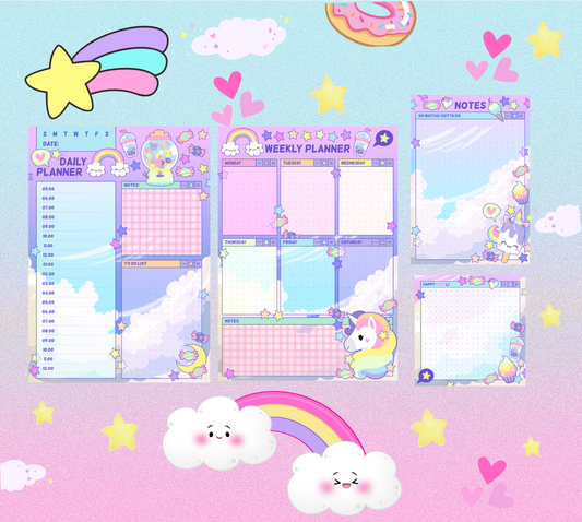 Colorful planner set with daily and weekly planners, stickers, and a unicorn design on a pastel background.