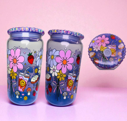 Coffee Cinnabon & Flowers Purple Gradient 16oz Glass Cup